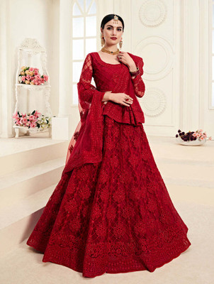 lunexa Embroidered Semi Stitched Lehenga Choli(Red)