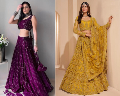 Reelove Factory Embroidered Semi Stitched Lehenga Choli(Purple, Yellow)
