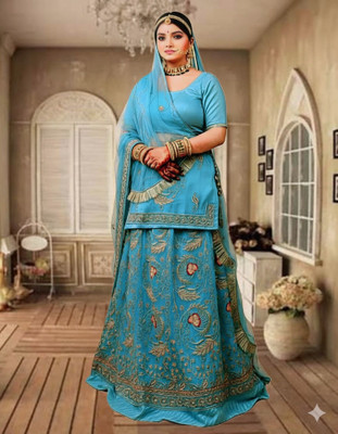 Bhawani Collection Embroidered Semi Stitched Rajasthani Poshak(Light Blue)