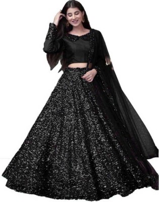 JANVI CREATION Solid, Embellished, Self Design Semi Stitched Lehenga Choli(Black)