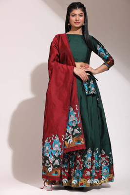SHREE CREATION Self Design Semi Stitched Lehenga Choli(Dark Green)