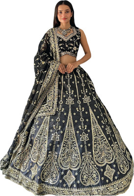 VIBHULEHENGA Embroidered Semi Stitched Lehenga Choli(Black)
