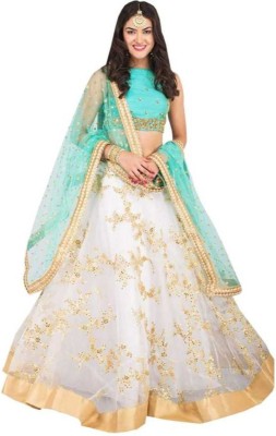 axabull Embroidered Semi Stitched Lehenga Choli(White)