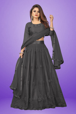 FORKEY Embroidered Semi Stitched Lehenga Choli(Black)