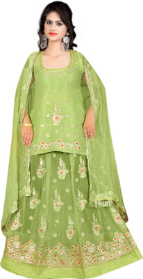 V And V Shop Embroidered Semi Stitched Rajasthani Poshak(Green)