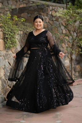 Kedar Fab Embroidered Semi Stitched Lehenga Choli(Black)