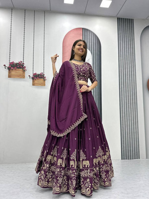 Closin Embroidered Semi Stitched Lehenga Choli(Purple)