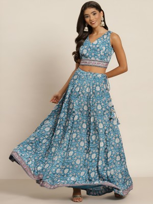 kaizen texo fab Printed Semi Stitched Lehenga Choli(Blue)