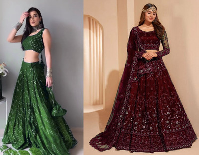 Udbhav Export Embroidered, Embellished Semi Stitched Lehenga Choli(Light Green, Maroon)