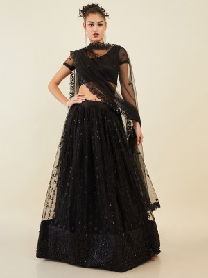 Tasrika Embroidered Semi Stitched Lehenga Choli(Black)