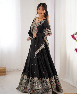 FOLKSHWEAR 21 Embroidered Semi Stitched Lehenga Choli(Black)