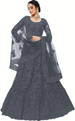 GOWTRAM Embroidered Semi Stitched Lehenga Choli(Grey)