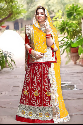 New Pooja Embroidered, Embellished Semi Stitched Rajasthani Poshak(Red, Yellow)