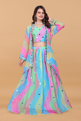 MAA CREATION Embellished, Leheriya Stitched Lehenga with Jacket(Multicolor)