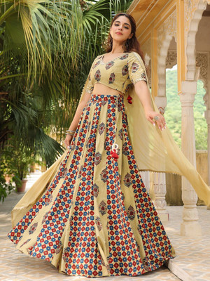 Janasya Printed Stitched Lehenga Choli(Beige)