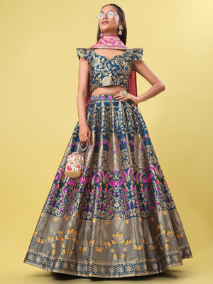 PURVAJA Floral Print Semi Stitched Lehenga Choli(Light Blue)
