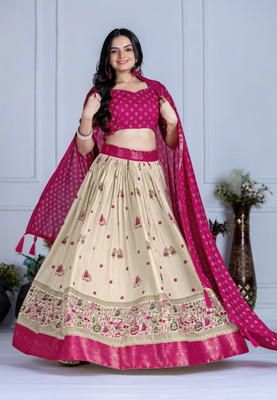 Julee Printed Semi Stitched Lehenga Choli(Purple, Beige)