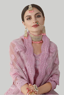 Kitvillaa Embroidered Semi Stitched Lehenga Choli(Pink)