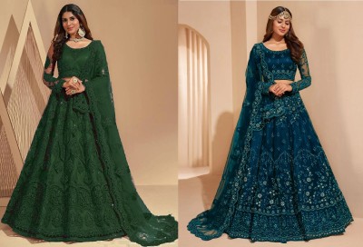 Cute Fellow Embroidered Semi Stitched Lehenga Choli(Green, Blue)