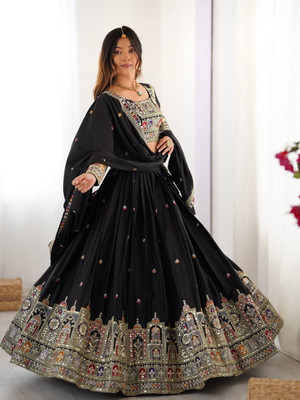 zorvi Embroidered Semi Stitched Lehenga Choli(Black)
