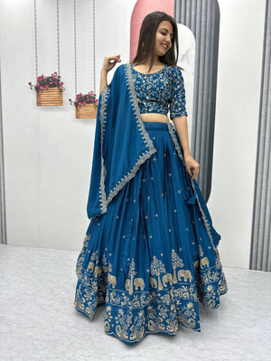 Shree Aavad Enterprise Embroidered Semi Stitched Lehenga Choli(Blue)