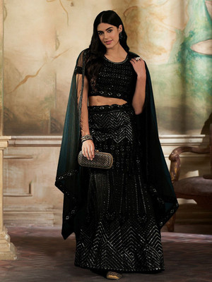 mashha creation Embroidered Semi Stitched Lehenga Choli(Black)