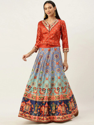 SEIKETSU Digital Print Semi Stitched Lehenga & Crop Top(Red)