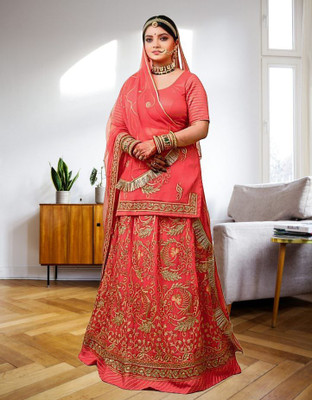 Bhawani Collection Embroidered Semi Stitched Rajasthani Poshak(Pink)