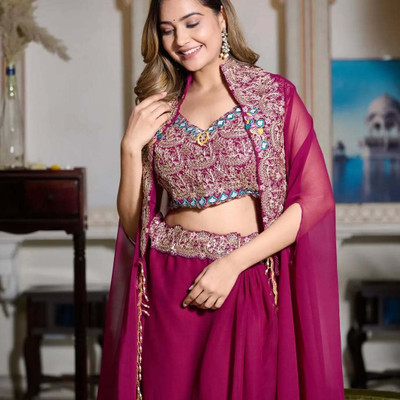 nilormy Embellished Stitched Lehenga with Jacket(Purple)