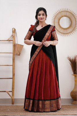 R K INFINITIVE Solid Semi Stitched Lehenga Choli(Red, Black)