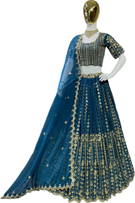Aptex Embellished Semi Stitched Lehenga Choli(Light Blue)