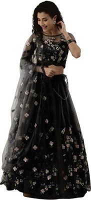 LILUDI Embroidered Semi Stitched Lehenga Choli(Black)