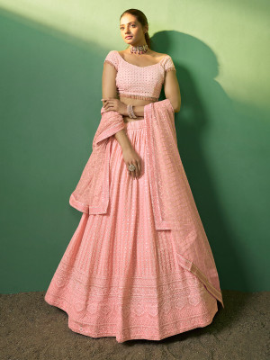 odette Embroidered Semi Stitched Lehenga Choli(Pink)