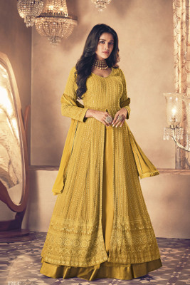 Aptex Embroidered Semi Stitched Lehenga & Kurta(Yellow)