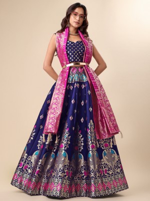 PURVAJA Embellished Semi Stitched Lehenga Choli(Dark Blue)