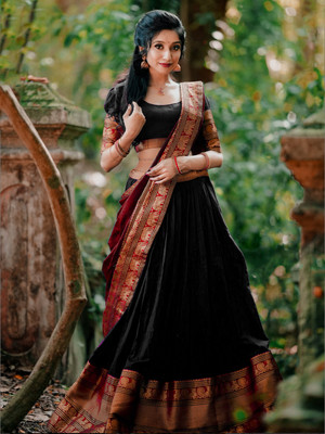 R K INFINITIVE Solid Semi Stitched Lehenga Choli(Black, Red)