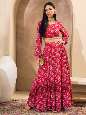 Shae by SASSAFRAS Printed Stitched Lehenga & Crop Top(Red)
