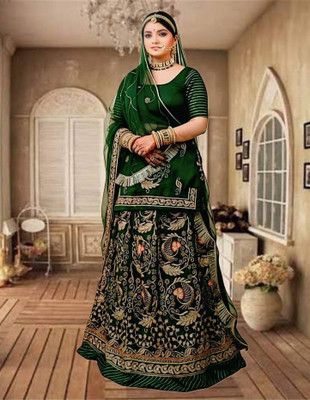 Bhawani saree center Embroidered Semi Stitched Rajasthani Poshak(Dark Green)