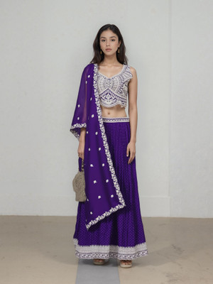 Ivira Embellished Stitched Lehenga & Crop Top(Purple)