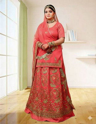 Bhawani Collection Embroidered Semi Stitched Rajasthani Poshak(Pink)