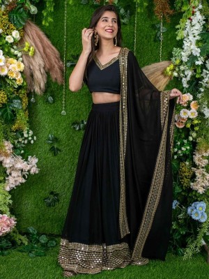 Kedar Fab Embroidered Semi Stitched Lehenga Choli(Black)