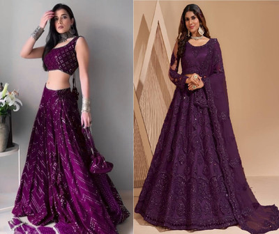 Reelove Factory Embroidered Semi Stitched Lehenga Choli(Purple)