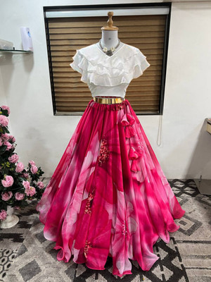 PuriMaa Digital Print Semi Stitched Lehenga & Crop Top(Pink)