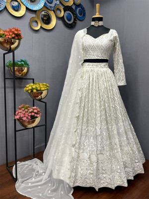 ICEQUBEFAB Embroidered Semi Stitched Lehenga Choli(White)