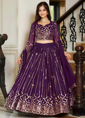Trijal Fab Embroidered, Embellished Semi Stitched Lehenga Choli(Purple)