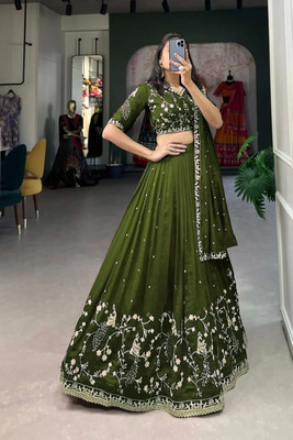 ISHU FAB Embroidered Semi Stitched Lehenga Choli(Green)