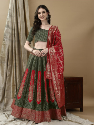 Harshiv Textile Self Design Semi Stitched Lehenga Choli(Green)
