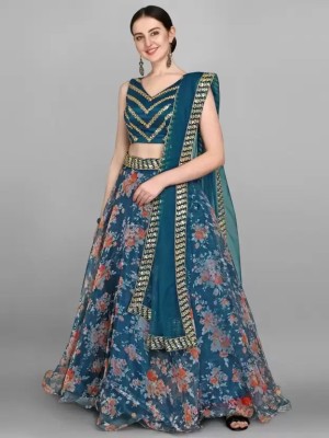 Zinariya Fab Floral Print Semi Stitched Lehenga Choli(Blue)