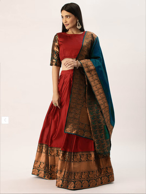 HOUSE OF COMMON Printed Semi Stitched Lehenga Choli(Red, Blue)