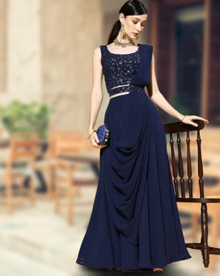 ISHU FAB Solid, Embroidered Semi Stitched Lehenga Choli(Dark Blue)